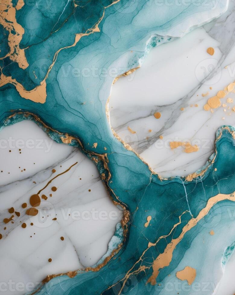 Emerald blue and white marble background with gold veins and splatters photo