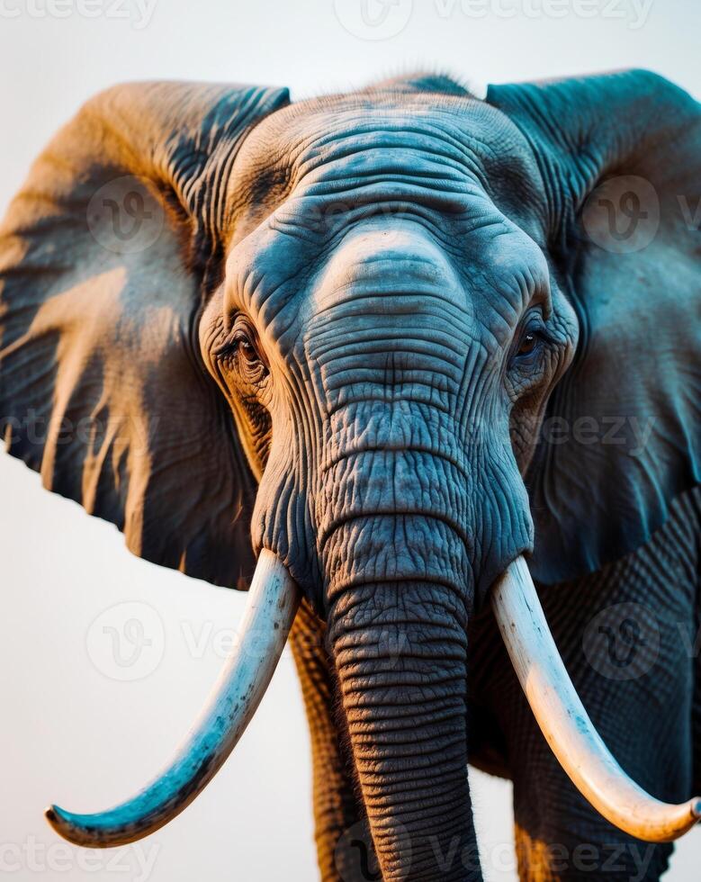 A close up of an elephant's face with tusks photo