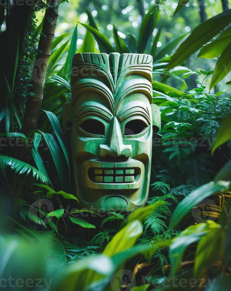 Tiki mask emerging from tropical foliage in a lush jungle setting photo