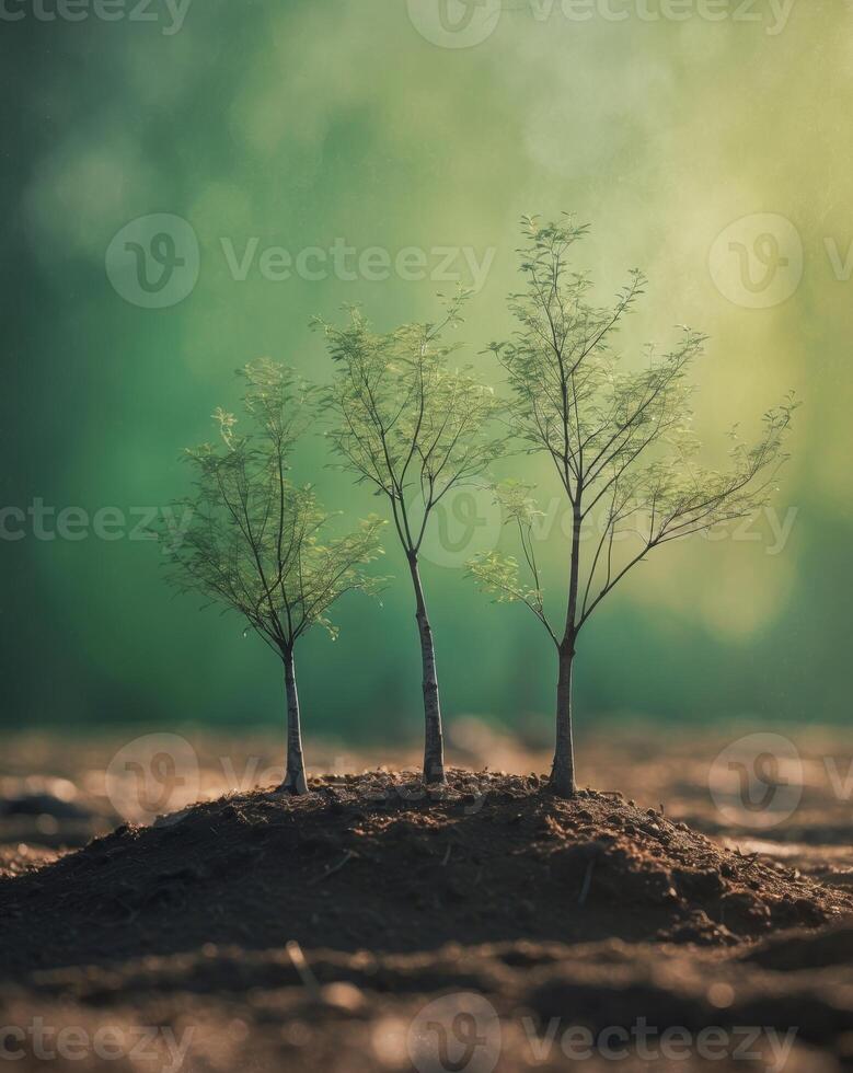 Three Small Trees Growing in Soil with Green Blurred Background photo
