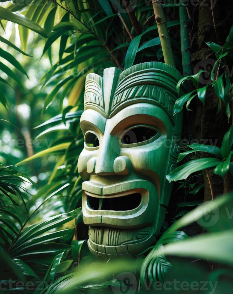 Tiki mask emerging from tropical foliage in a lush jungle setting photo