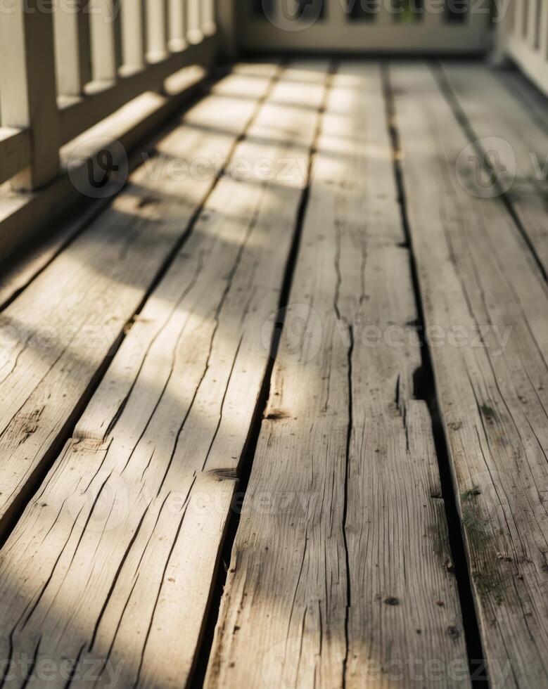 A wooden deck with sunlight shining through the windows photo