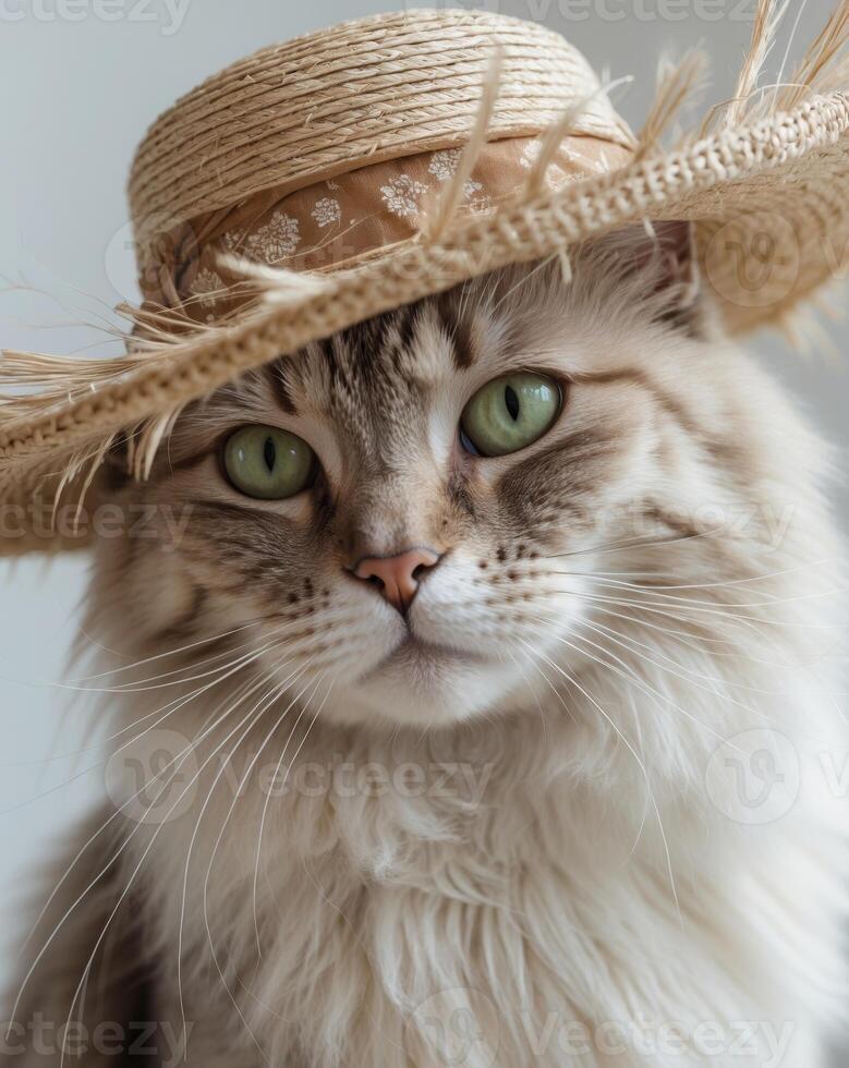 A cat wearing a straw hat photo