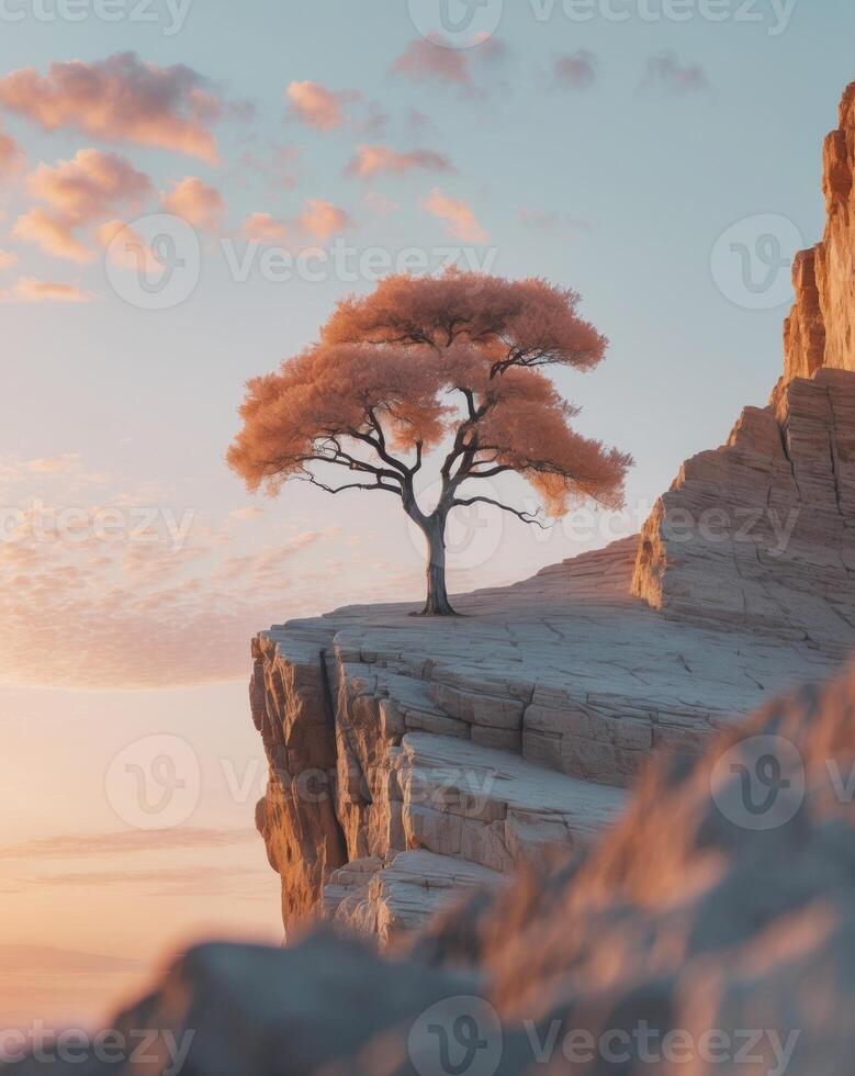 A tree stands on top of a cliff at sunset photo