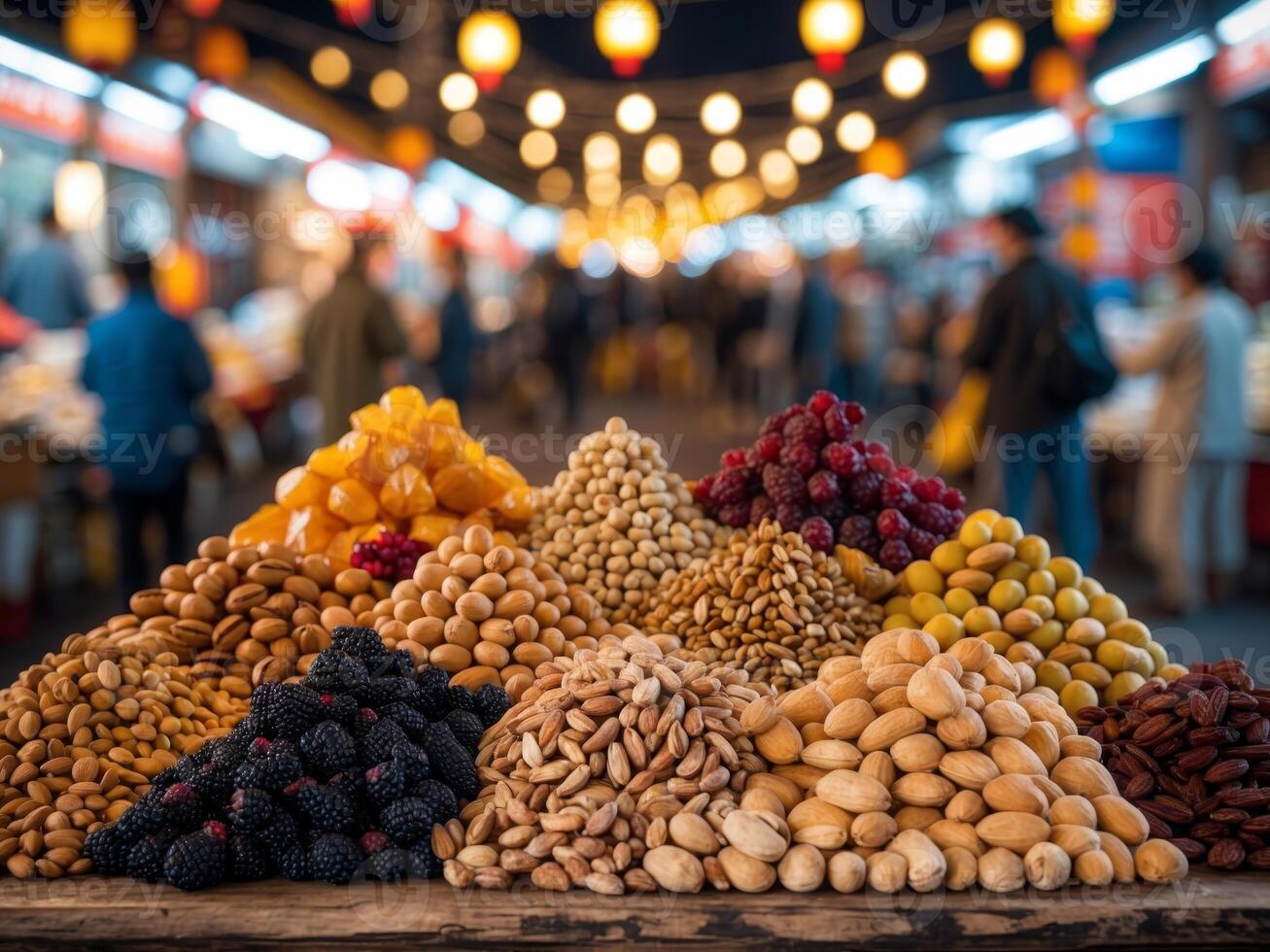 A variety of nuts and dried fruits are on display at a market photo
