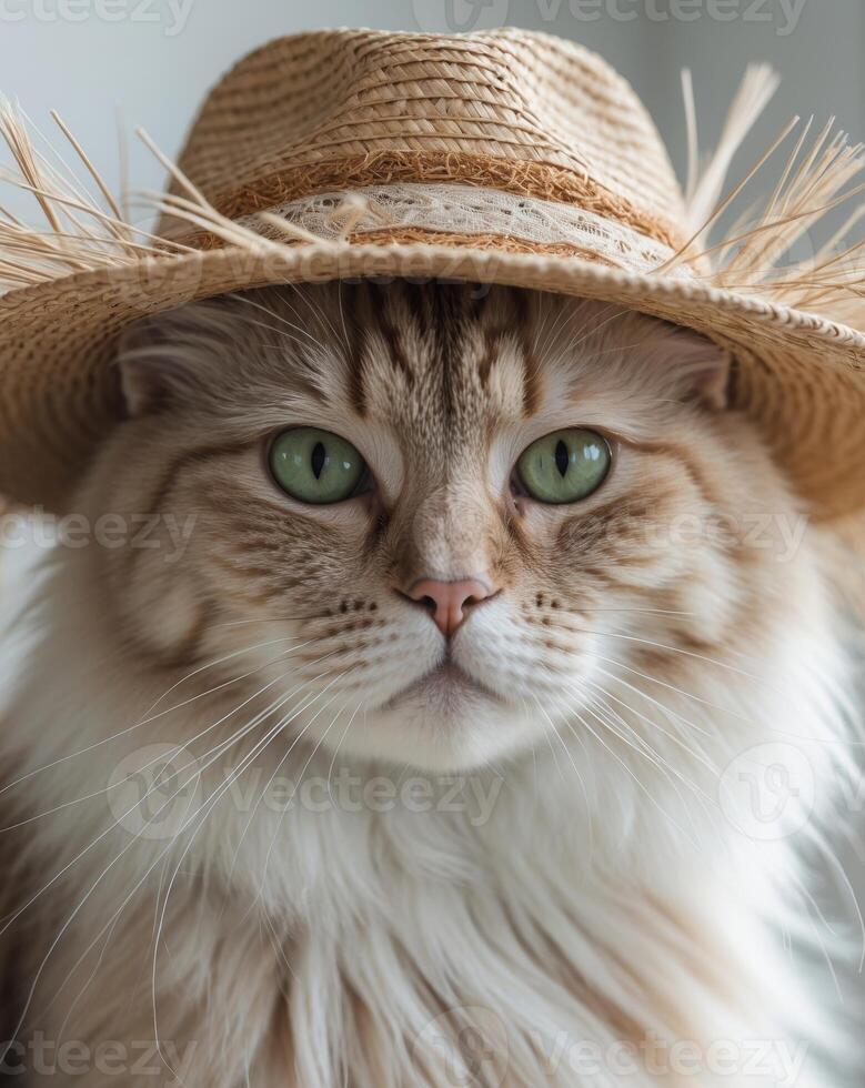 A cat wearing a straw hat photo
