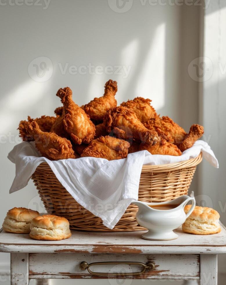 Fried chicken and biscuits in a basket on a table photo