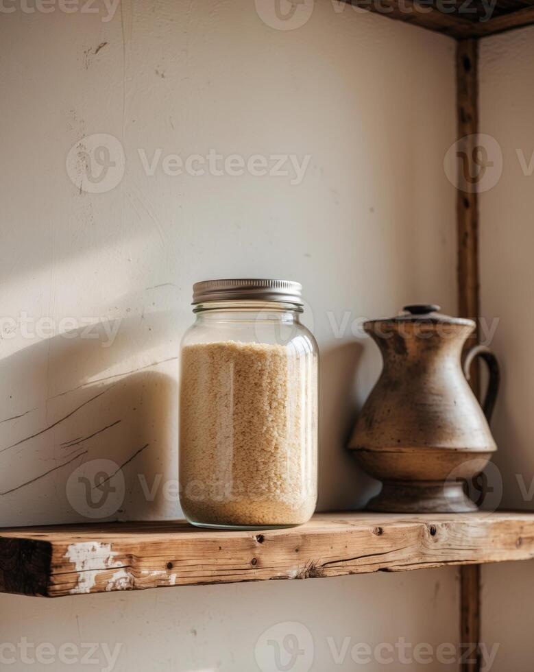 A jar of rice and a pitcher on a shelf photo