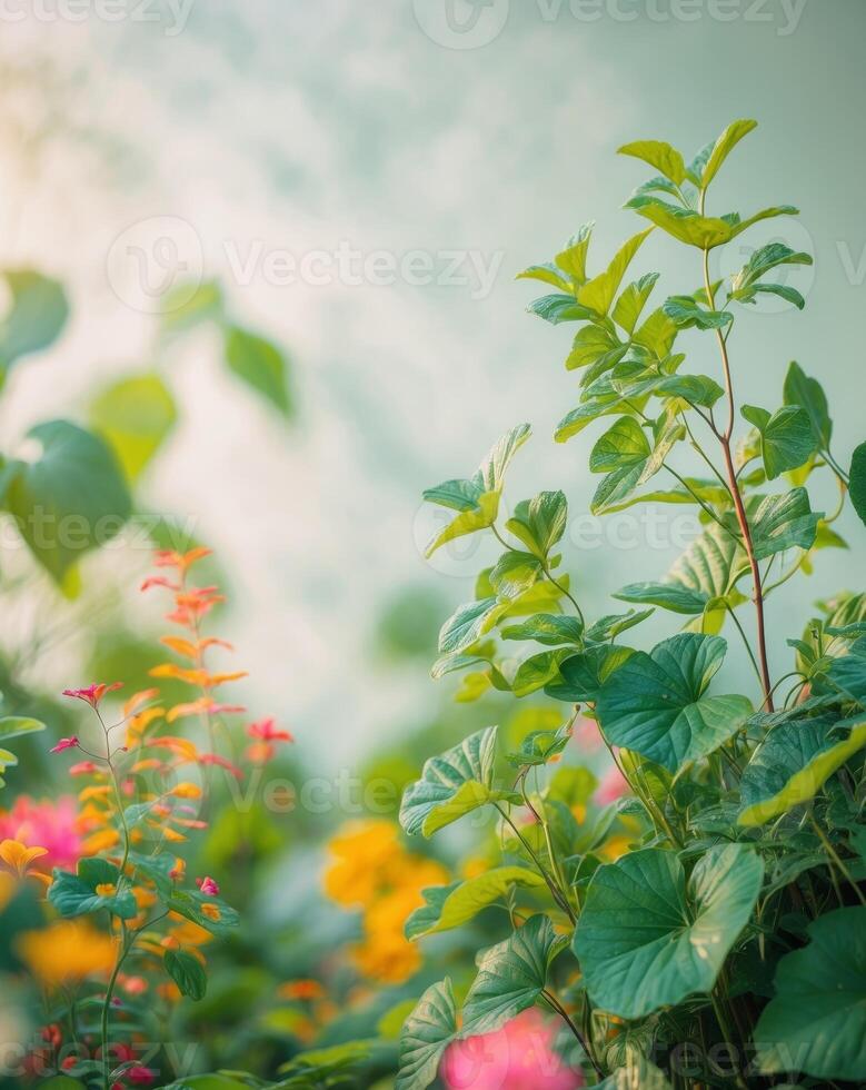 Colorful plants in a garden with sunlight photo