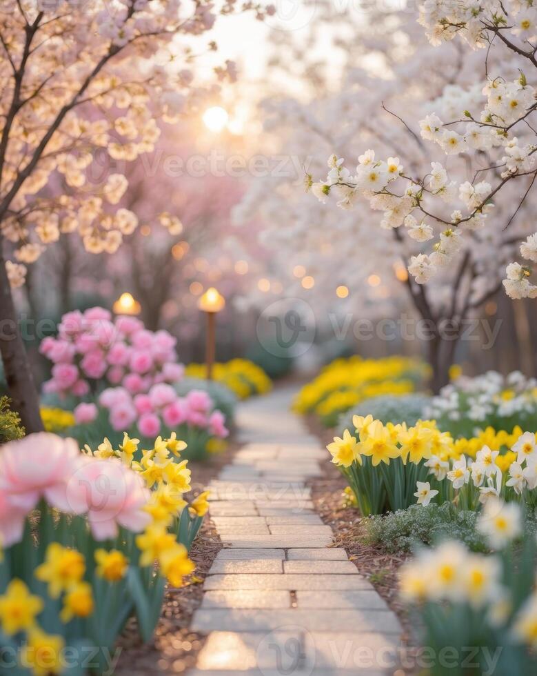 A pathway through a garden with flowers and trees photo