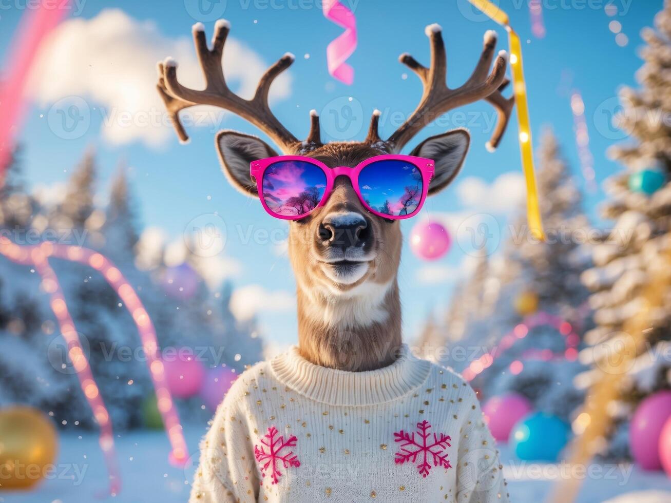 A deer wearing sunglasses and a sweater in the snow photo