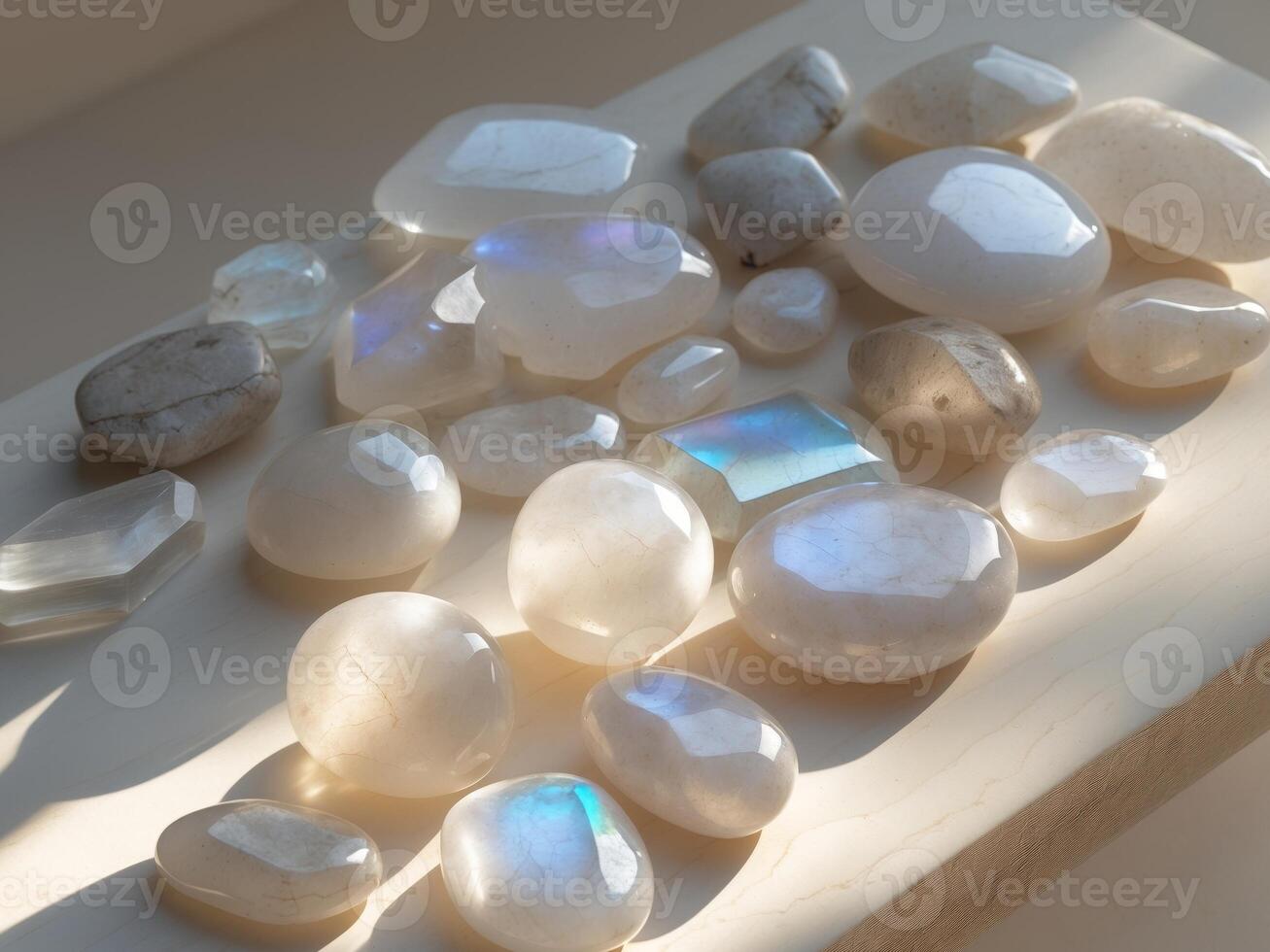A pile of white stones on a wooden surface photo