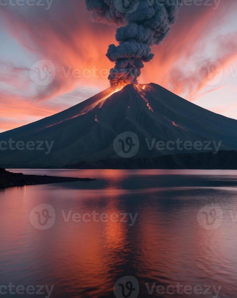 Volcano erupts from the ground at sunset photo