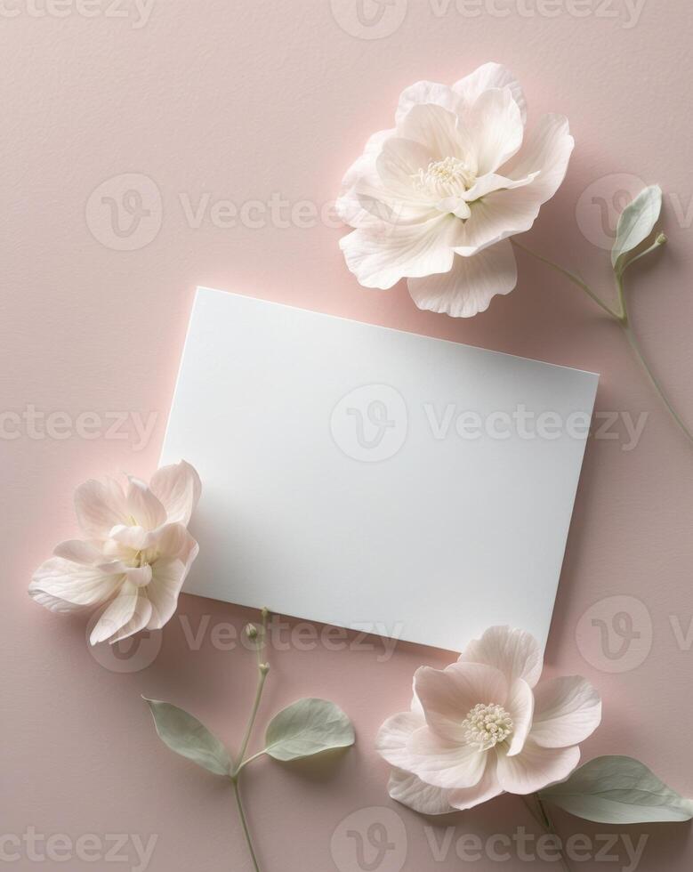 Blank card on pink background with white flowers photo