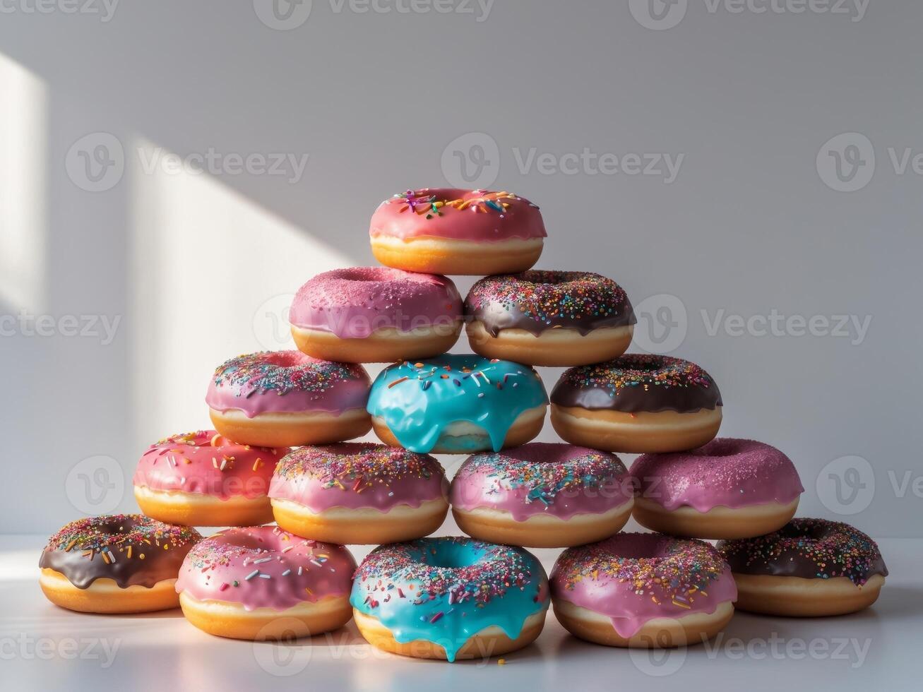 A pyramid of donuts with sprinkles photo