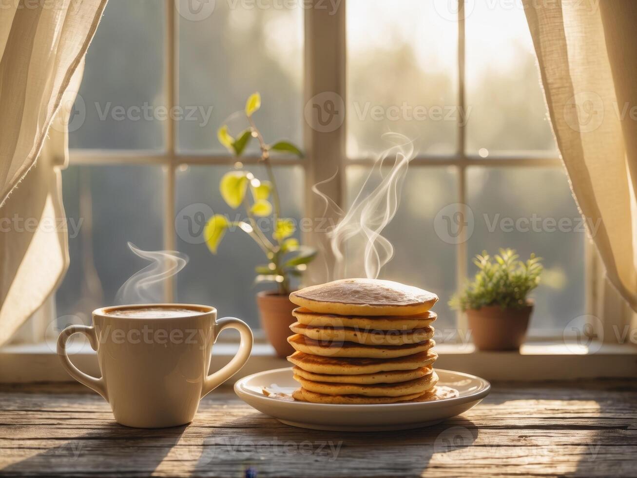 Stack of pancakes and coffee on a wooden table by the window photo