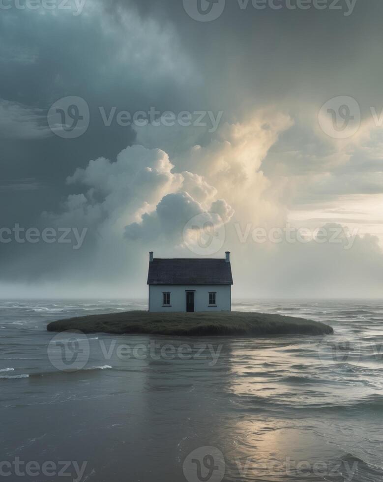 A house on an island in the middle of the ocean photo