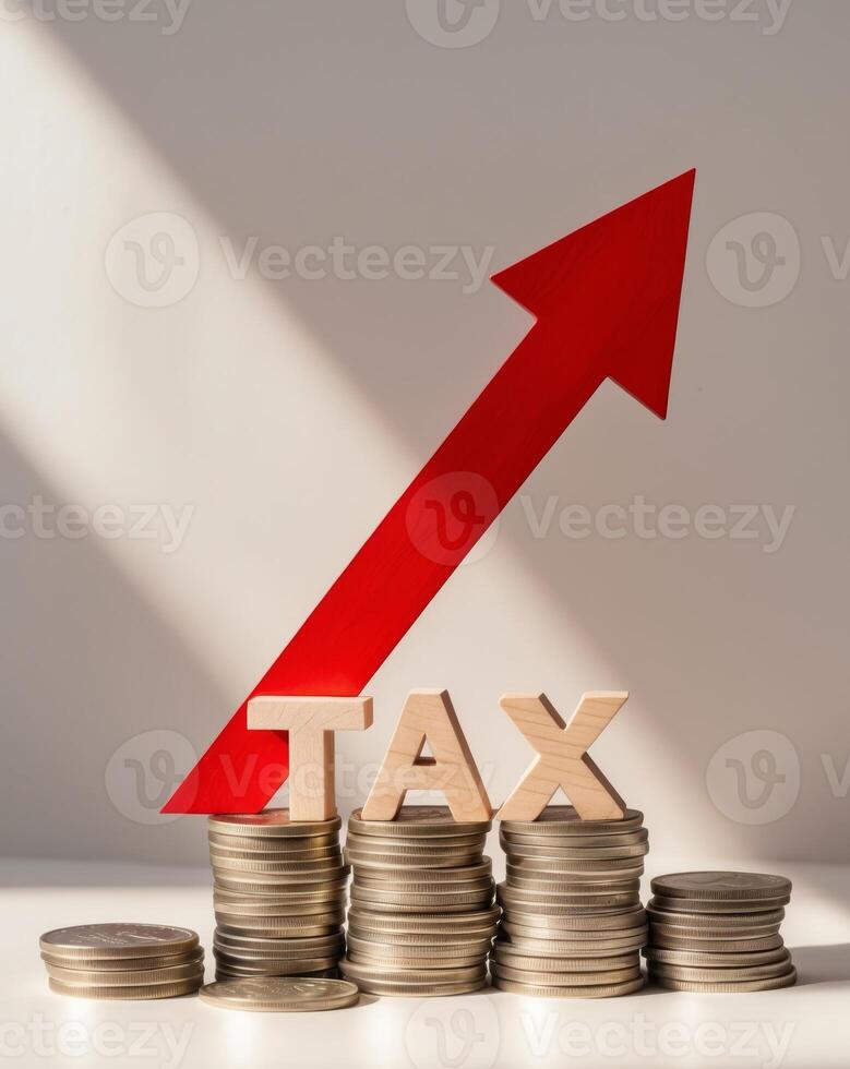 Tax concept with red arrow and stacks of coins on white background photo