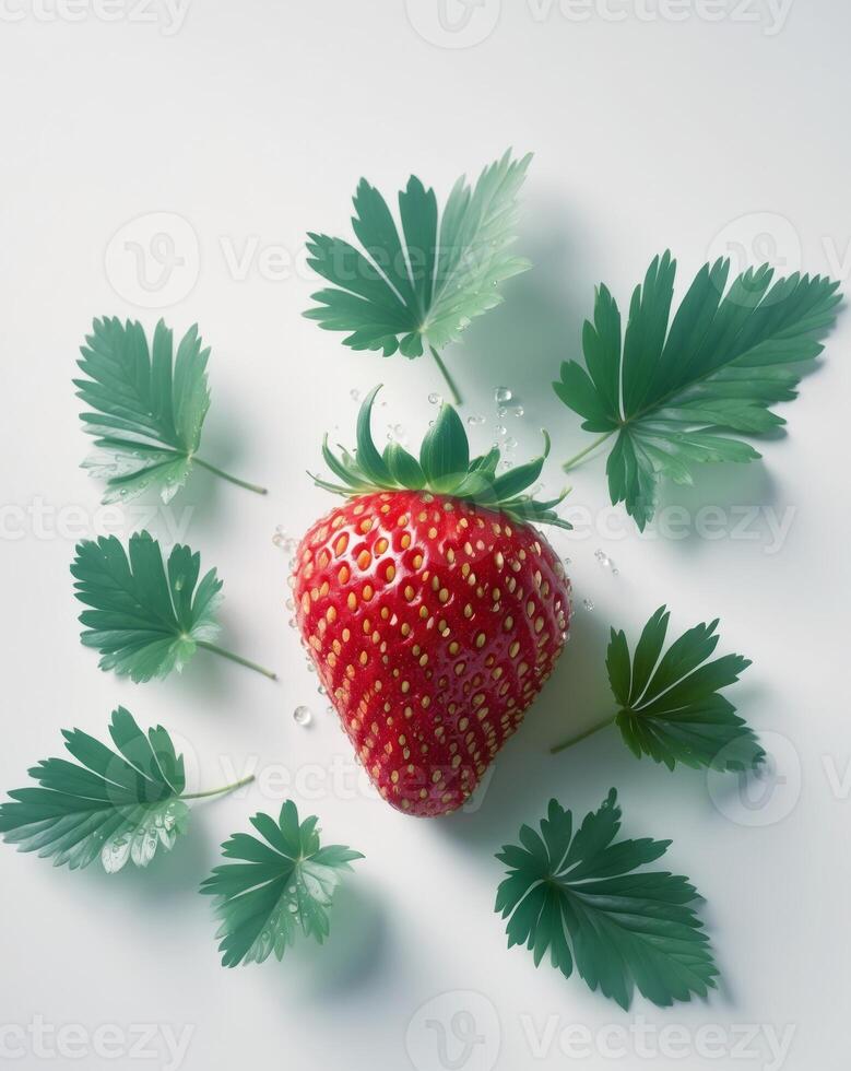A strawberry surrounded by leaves on a white background photo