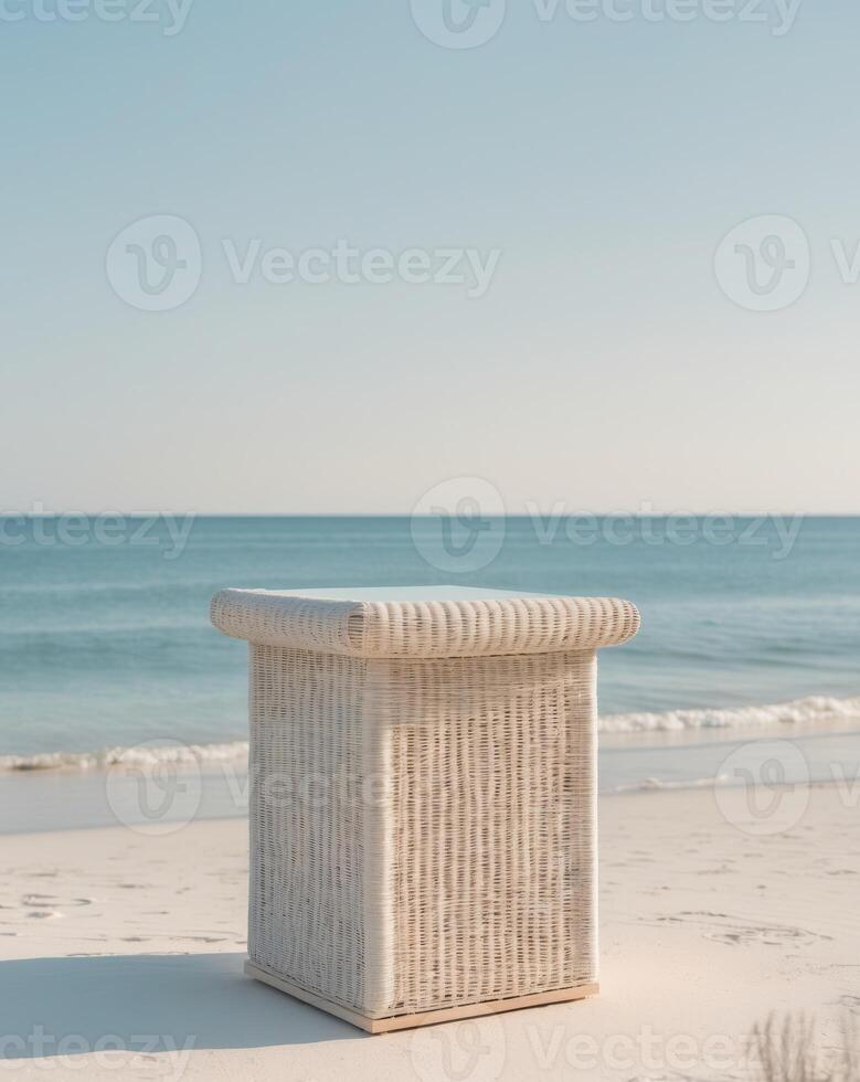 A wicker box sitting on the beach near the ocean photo