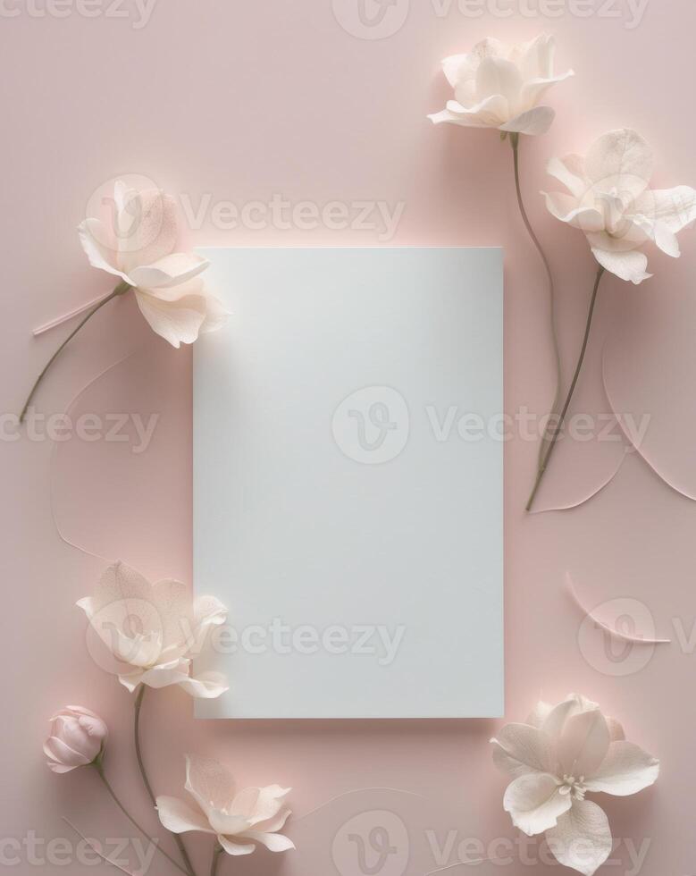 Soft pink background with blank card and delicate flowers for elegant invitations and notes photo