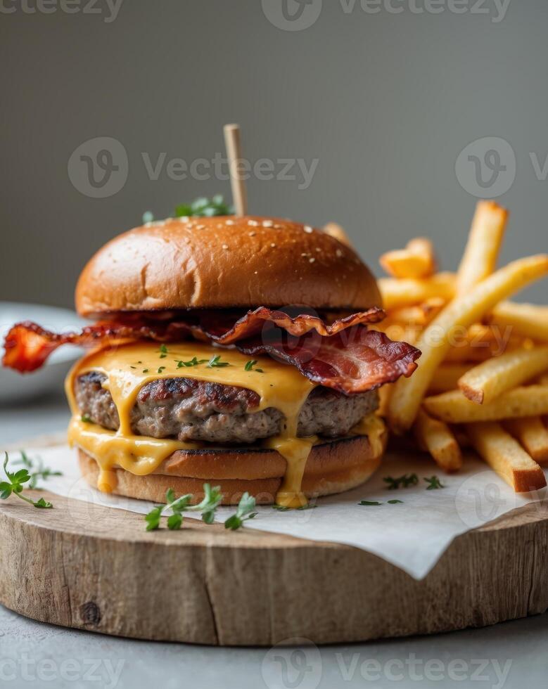 Savory Bacon and Cheese Burger with Crispy Fries photo