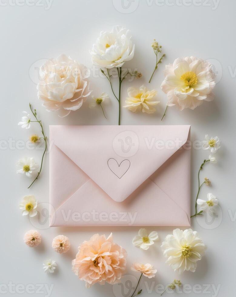 Pink envelope with heart representing love and affection surrounded by flowers photo