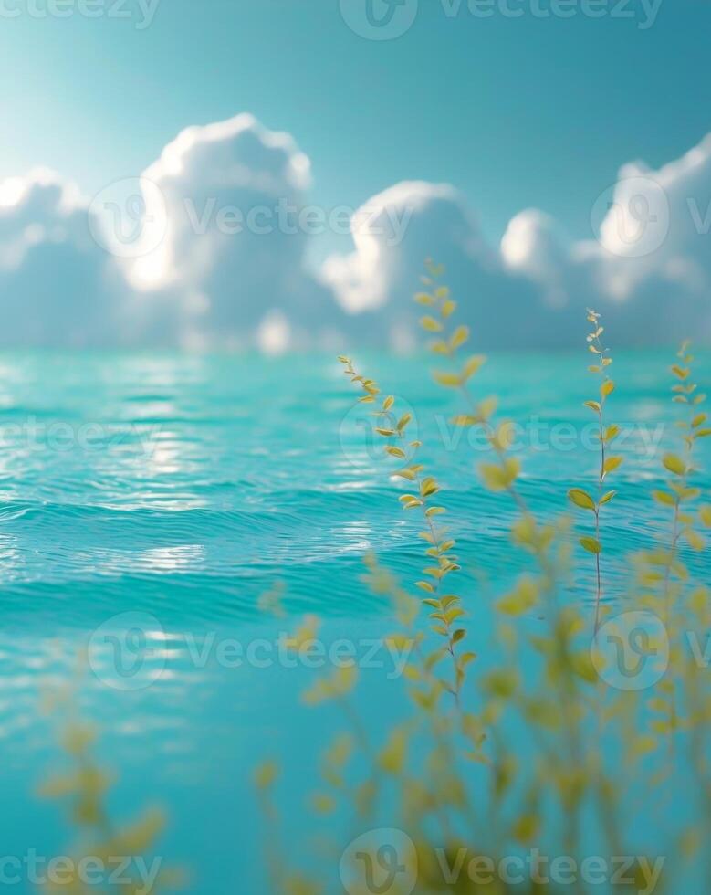 Serene underwater scene with vibrant blue ocean and clouds photo