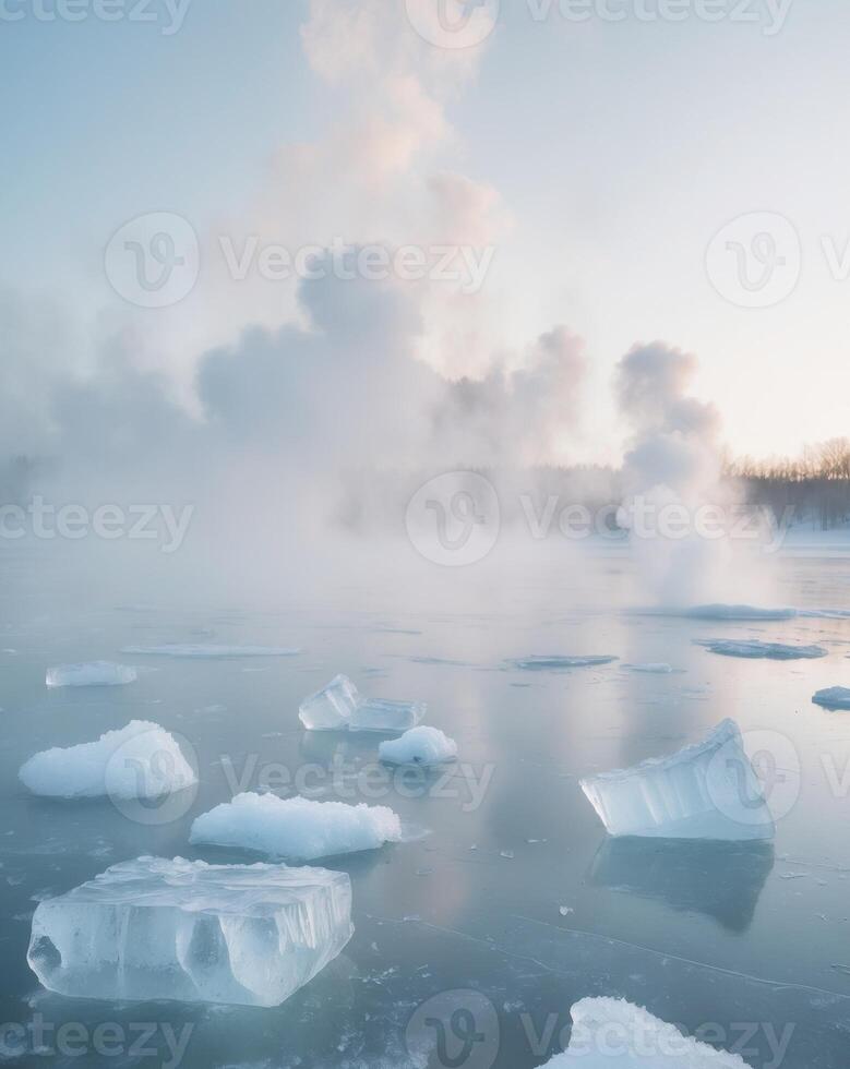 The image is of a body of water with a lot of ice and steam photo