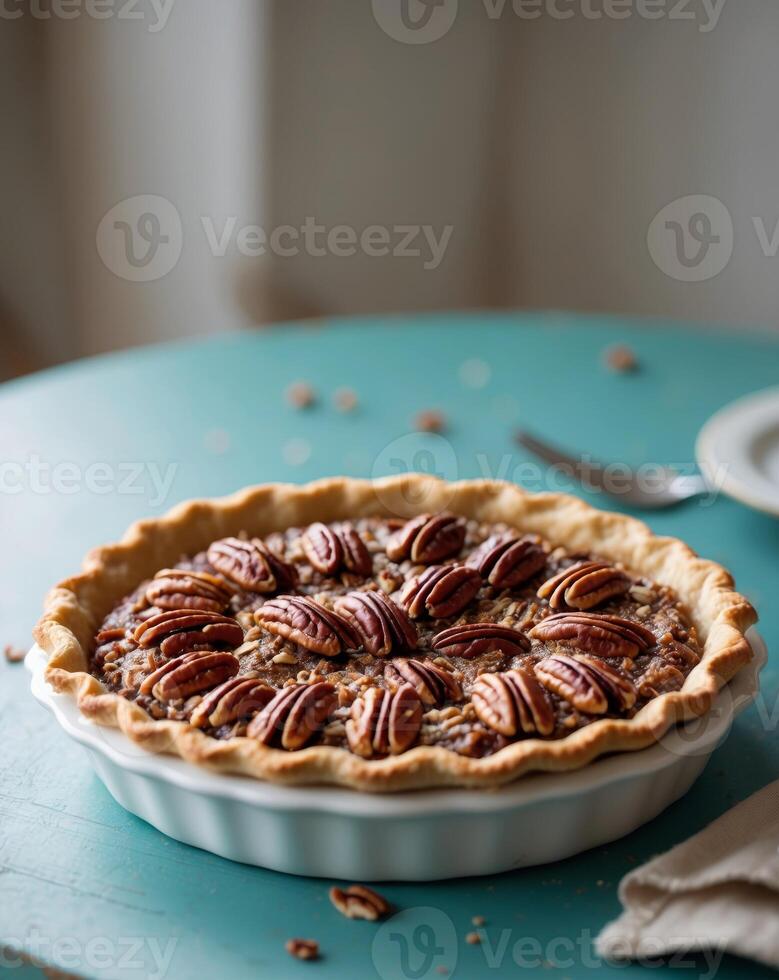 Delicious Pecan Pie in White Dish on Teal Table photo