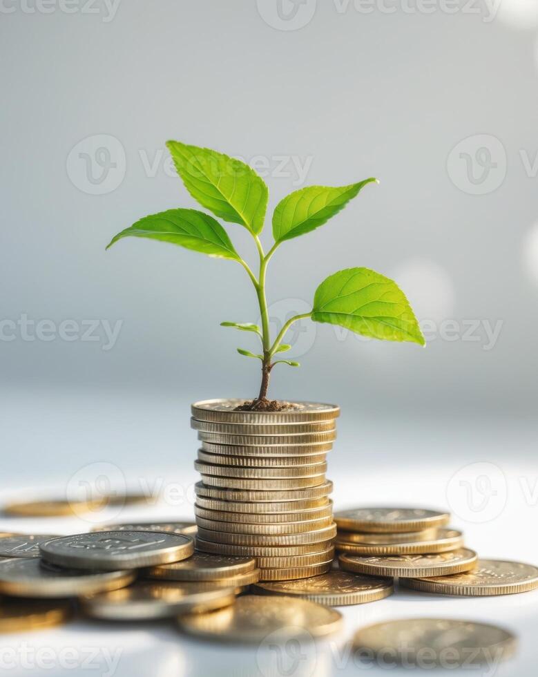 Growth of Finance with Green Leaves on Stacked Coins photo