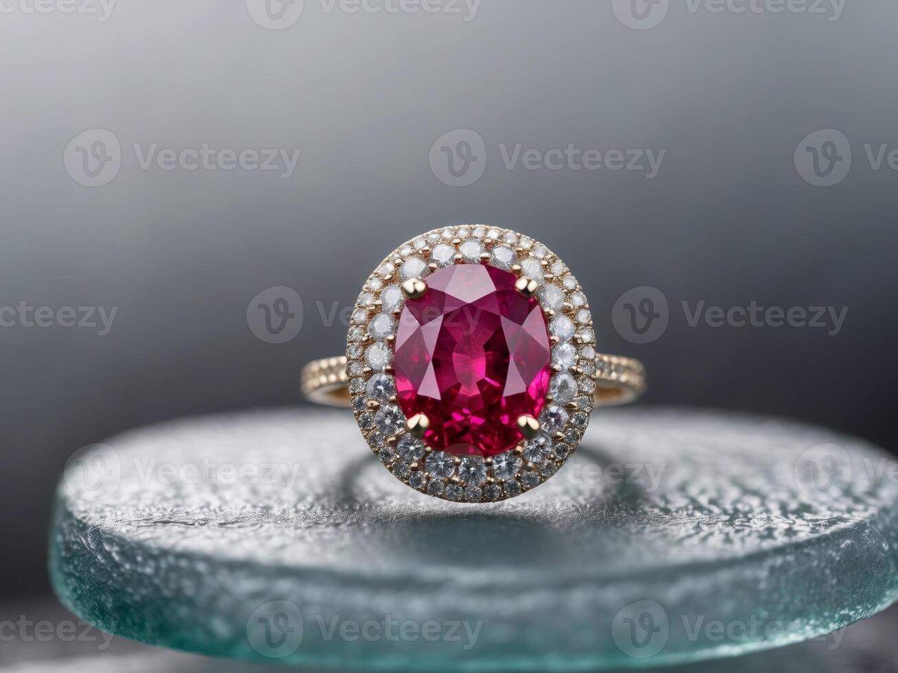 Stunning Ruby Ring with Sparkling Diamond Halo on Frosted Surface photo