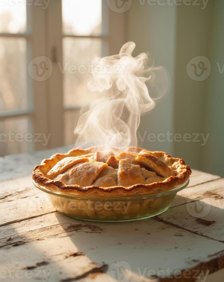 A pie with steam coming out of it sitting on a table photo