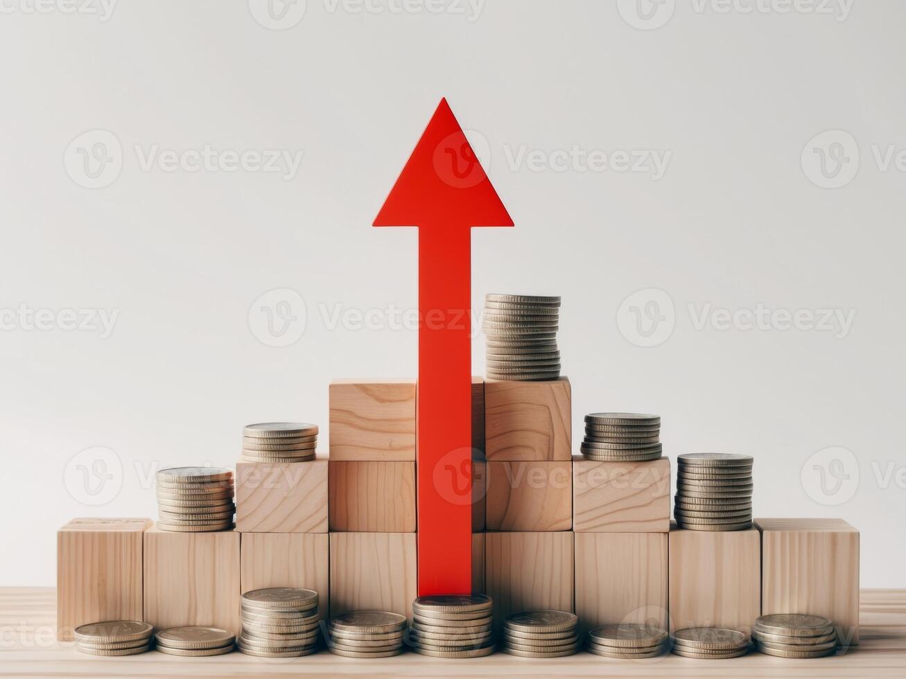A red arrow pointing up from stacks of coins photo