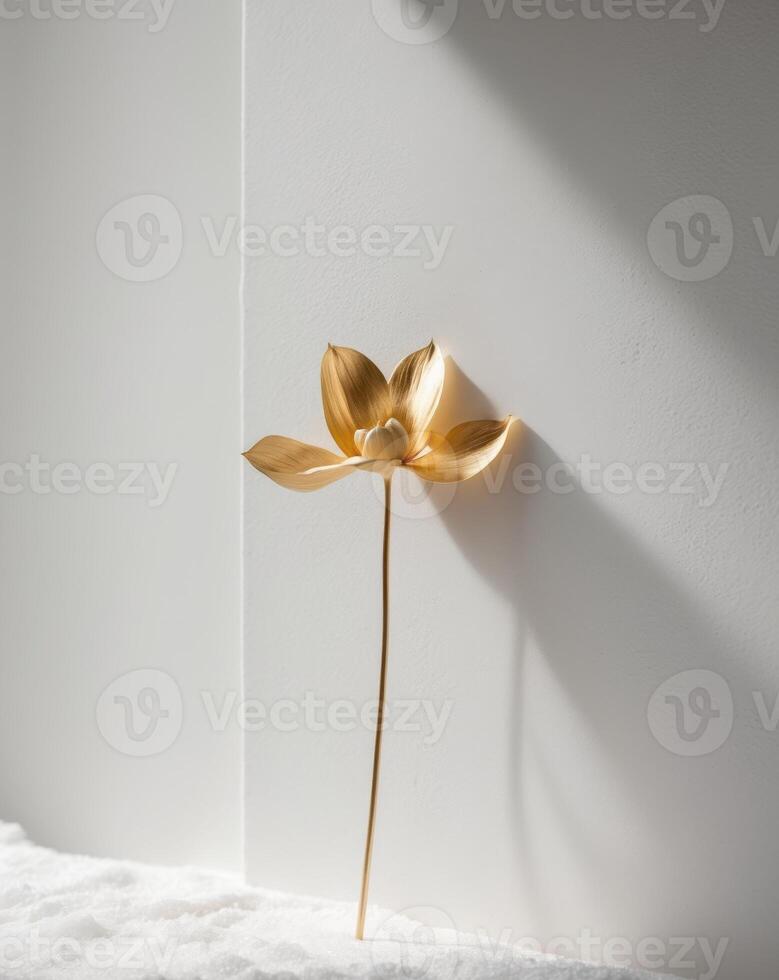 A golden flower is sitting on a white wall photo