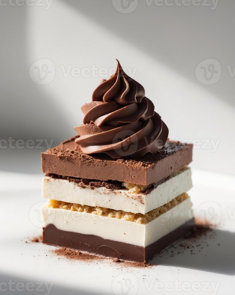 A piece of chocolate cake with a chocolate frosting photo
