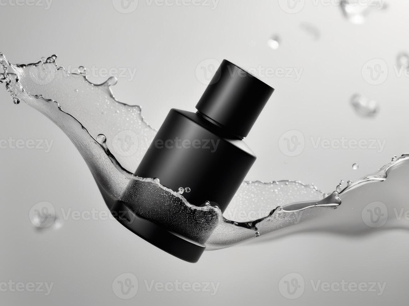 A black bottle of perfume is being splashed with water photo