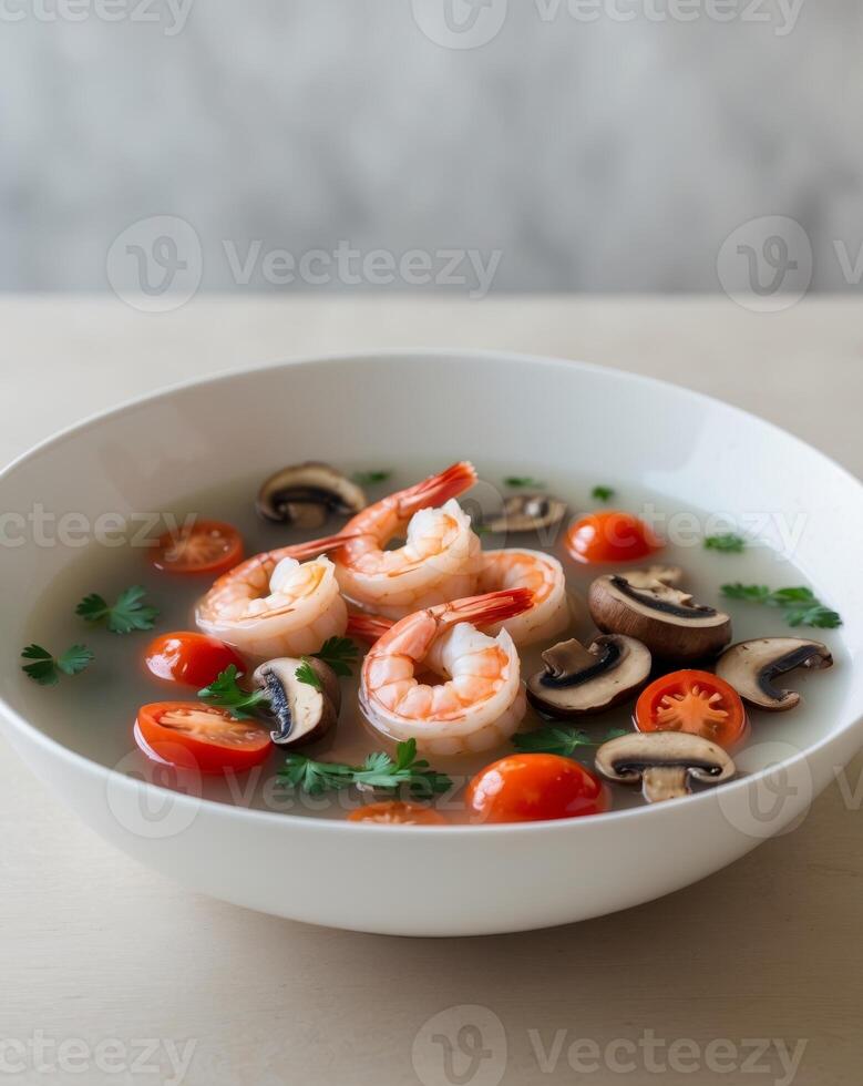 A bowl of soup with shrimp, tomatoes and mushrooms photo