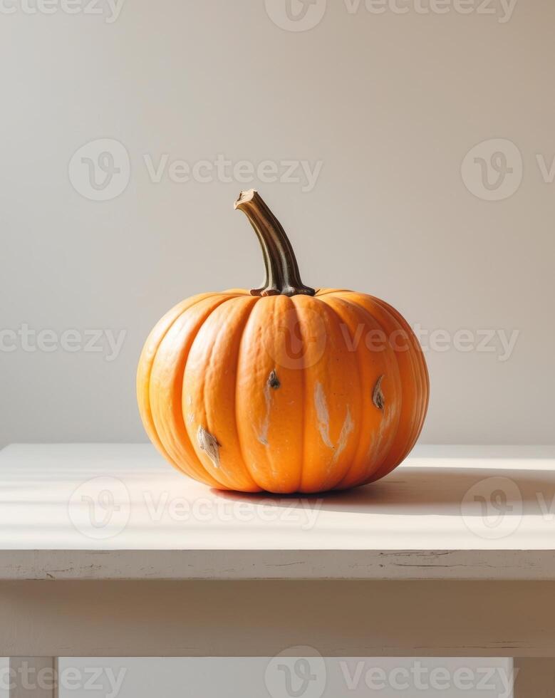 A pumpkin sitting on a table with a white background photo