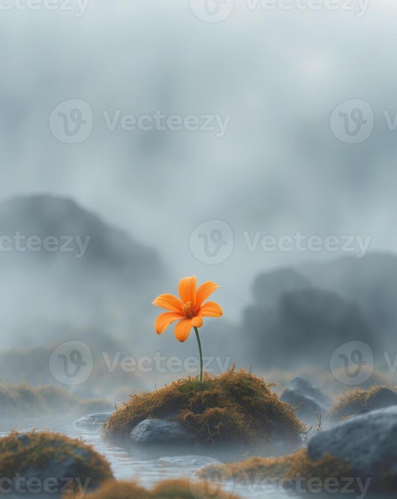 A single orange flower stands out in the fog photo