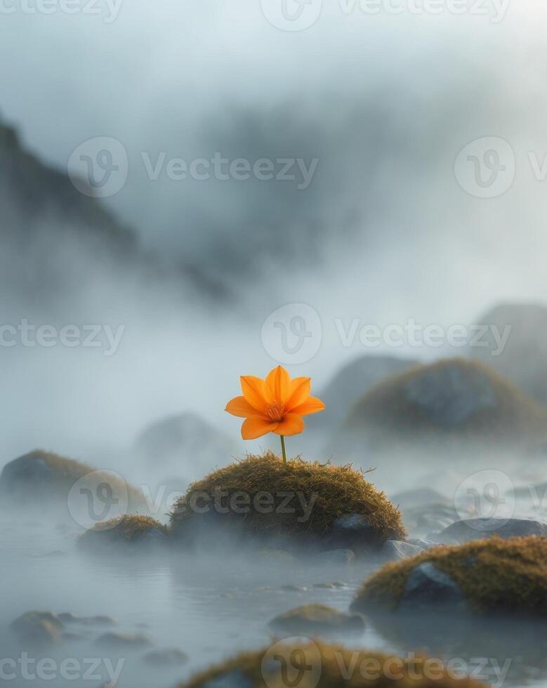 A single orange flower stands on top of rocks in the fog photo