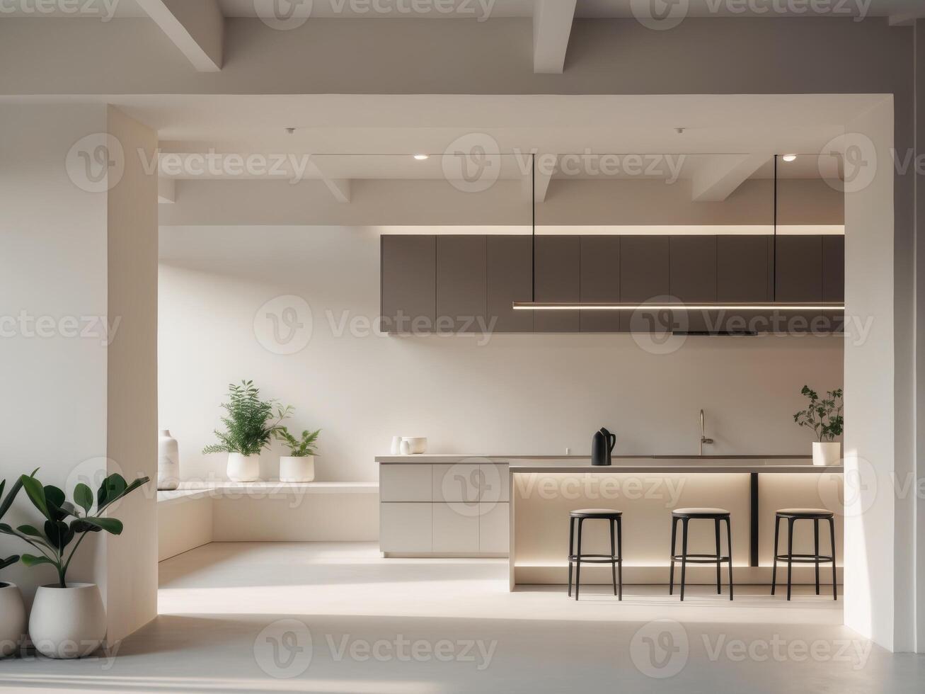 A modern kitchen with white walls and a large island photo