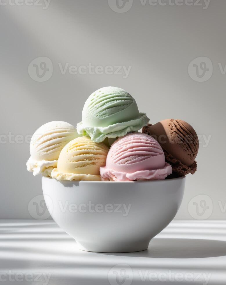 there are five scoops of ice cream in a bowl photo