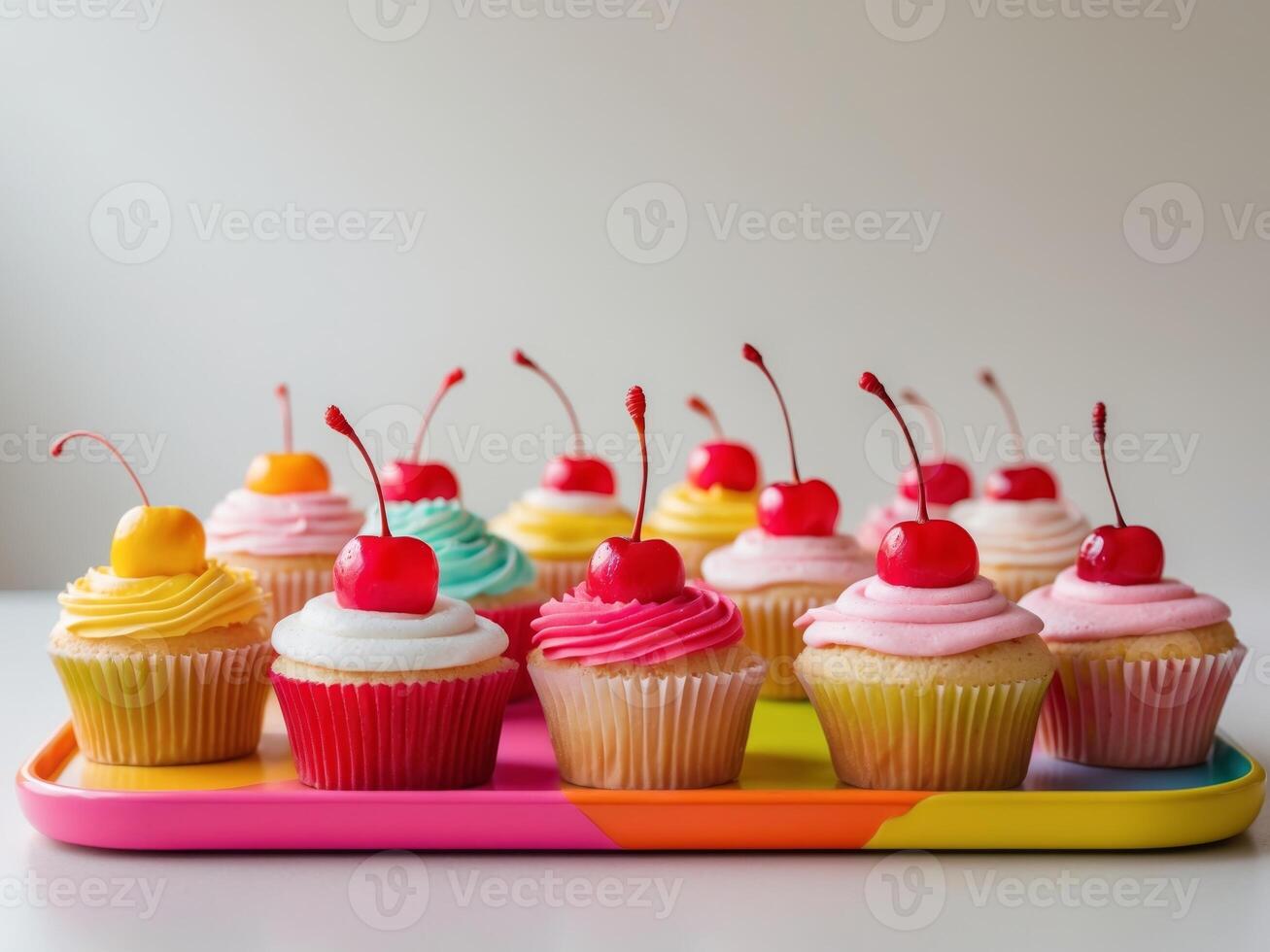 Adorable Cupcakes with Cherry Toppings Dancing on a Colorful Tray photo