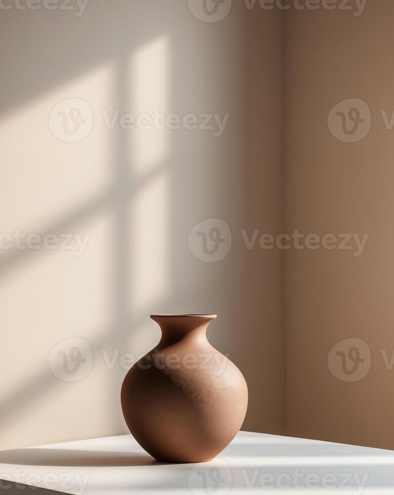 there is a brown vase sitting on a white table photo