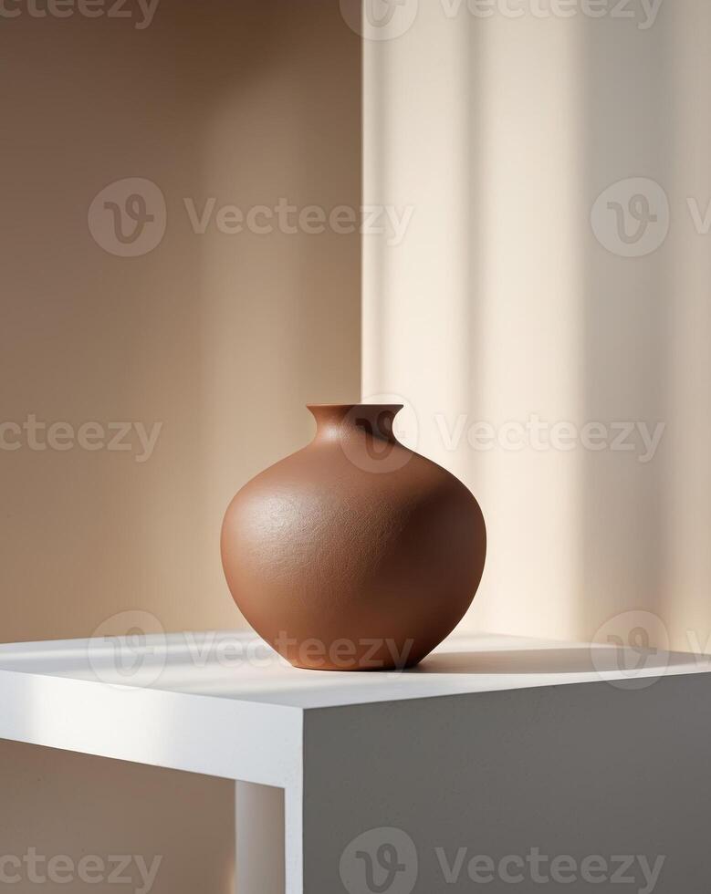 there is a brown vase sitting on a white table photo