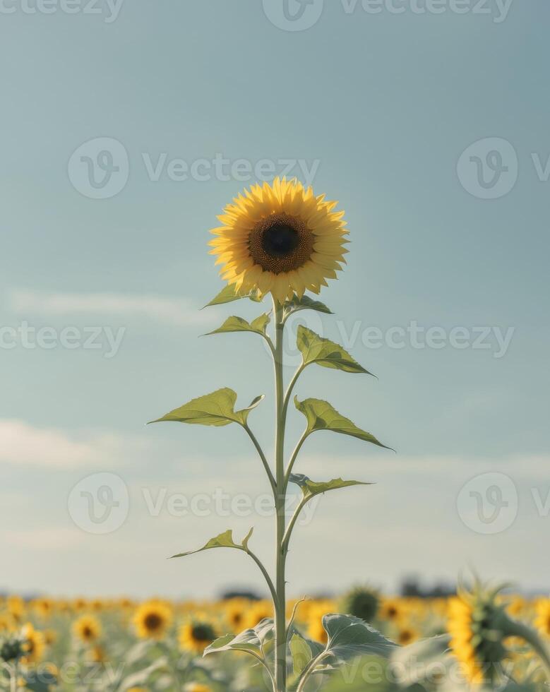 A field of sunflowers with a single sunflower in the foreground photo