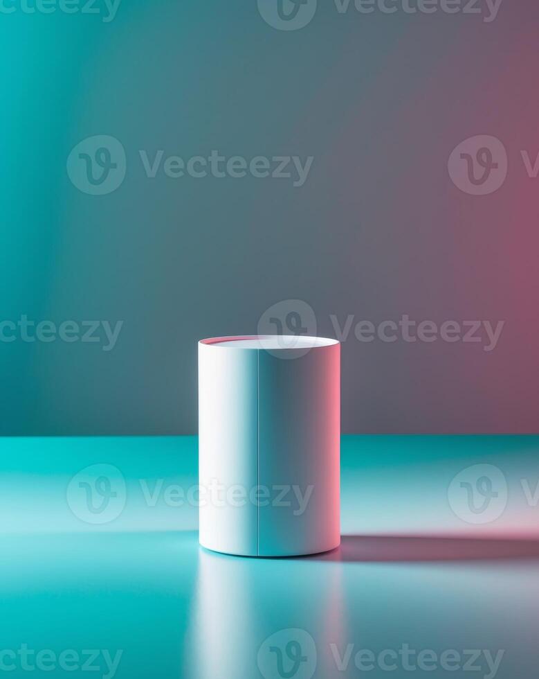 white cylinder product display stand on table with turquoise background photo