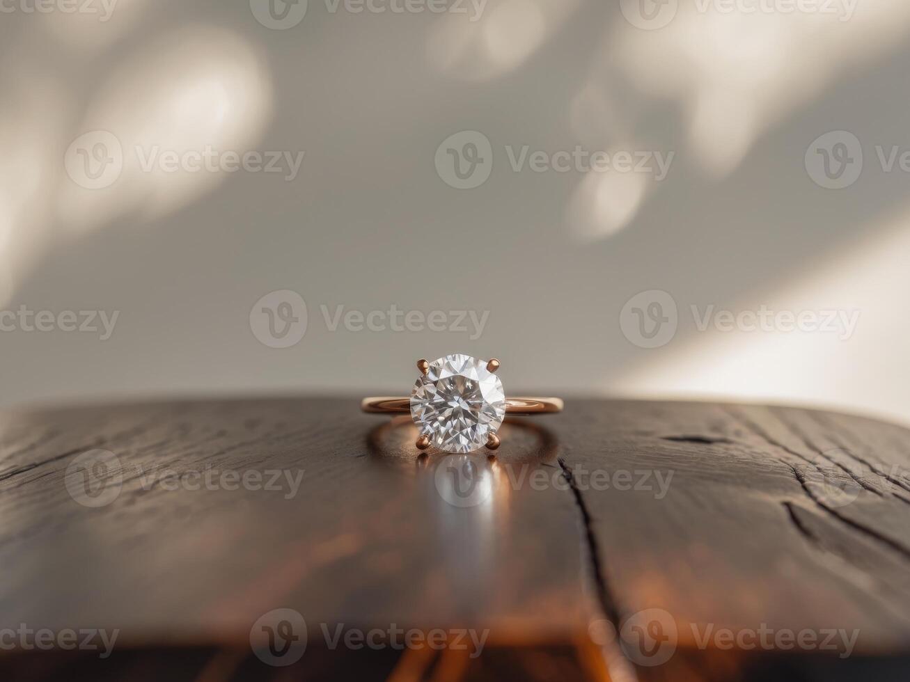 Sparkling Diamond Ring on Polished Wooden Surface photo