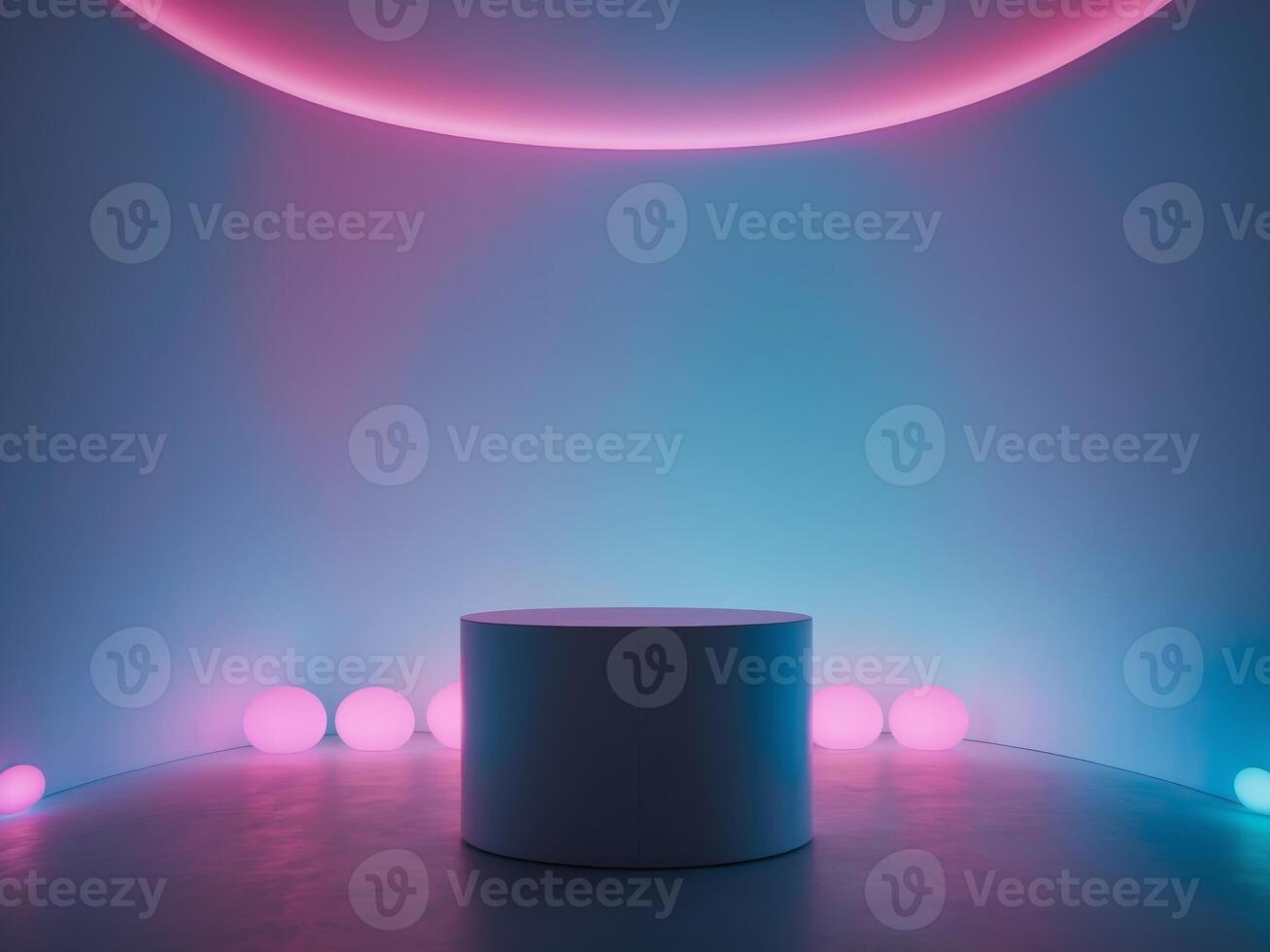 A round podium with rounded neon lights in background photo